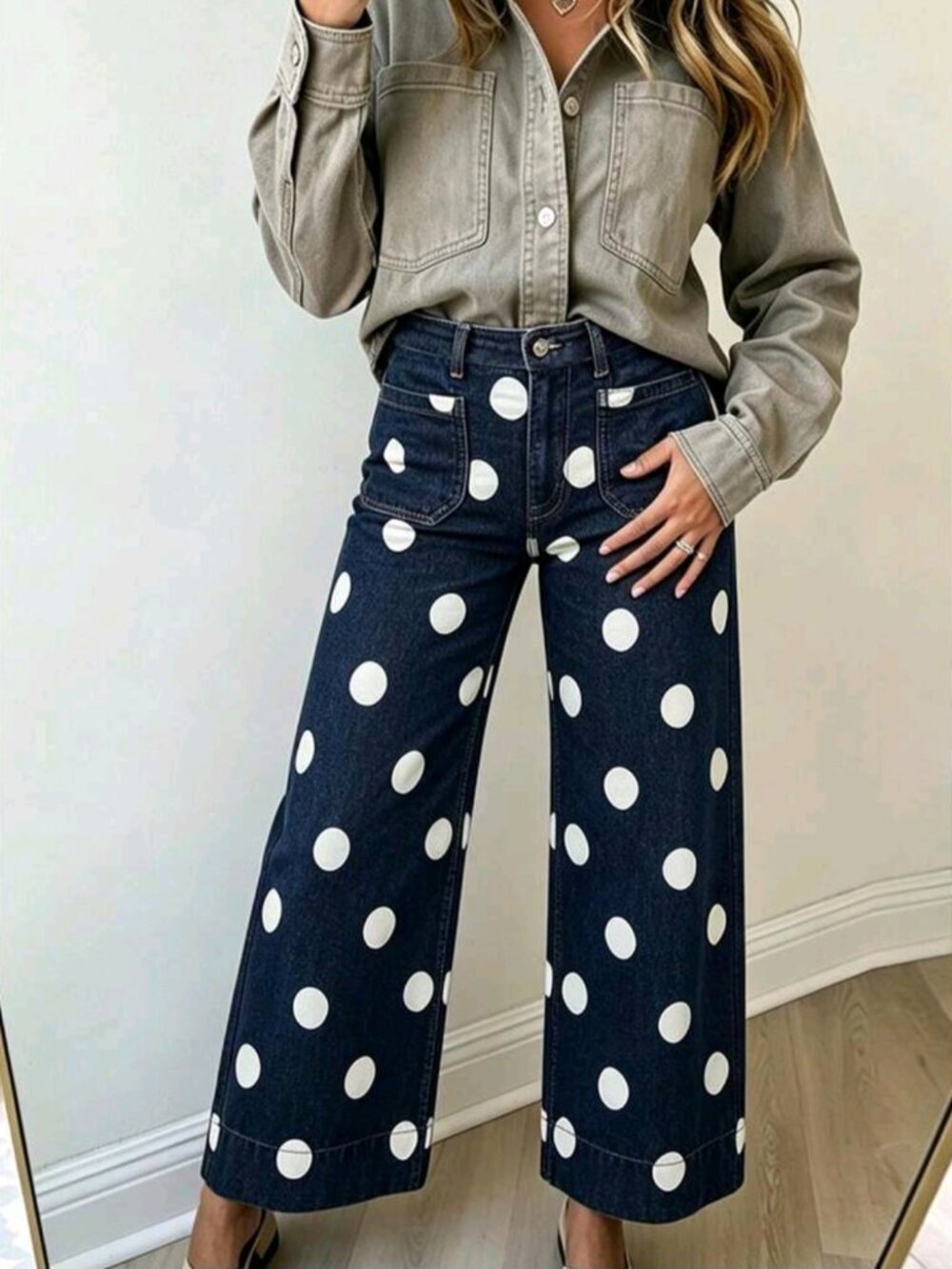 Women  Polka Dot Cropped Denim Pants High Waist Pockets Stretchy Straight Wide